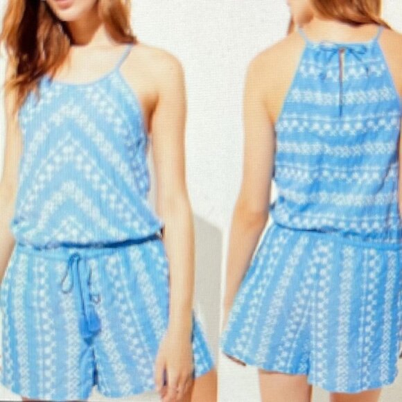Loft Blue Floral Tie Waist Shorts Romper NWOT Size M - Picture 1 of 3
